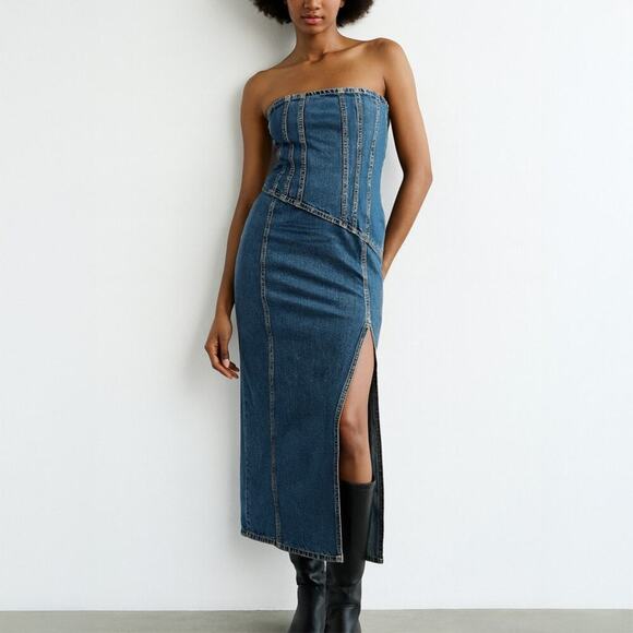 Zara Dresses & Skirts - Zara Strapless Asymmetric Denim Midi Dress Size S
